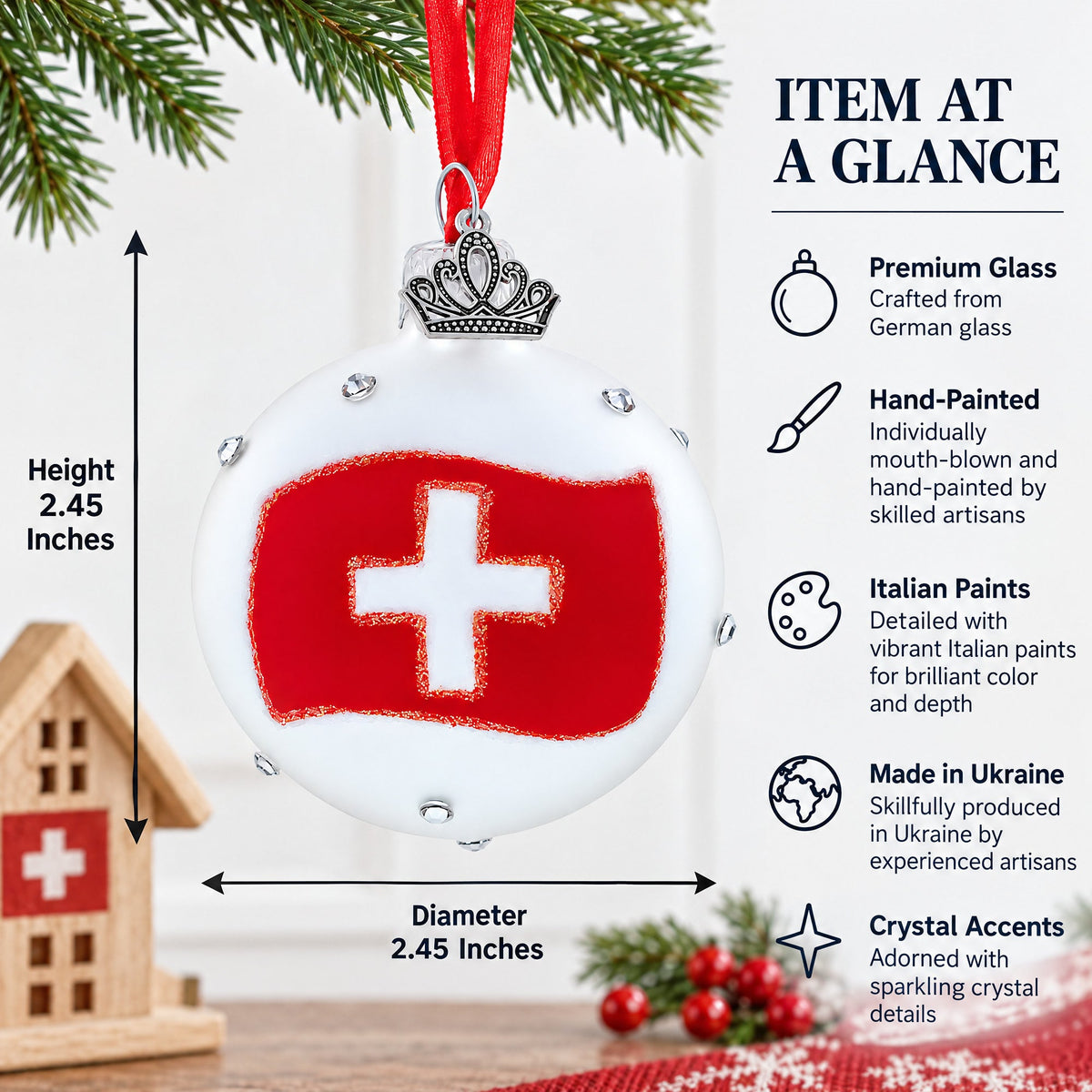 Swiss Flag Crystal Accents on Glass Ball Christmas Ornament