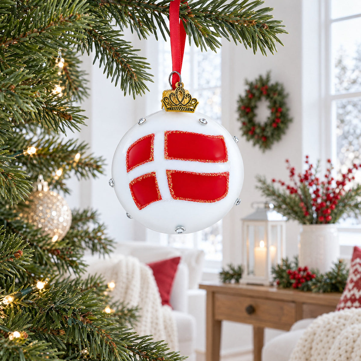 Danish Flag with Crystal Accents Glass Ball Christmas Ornament