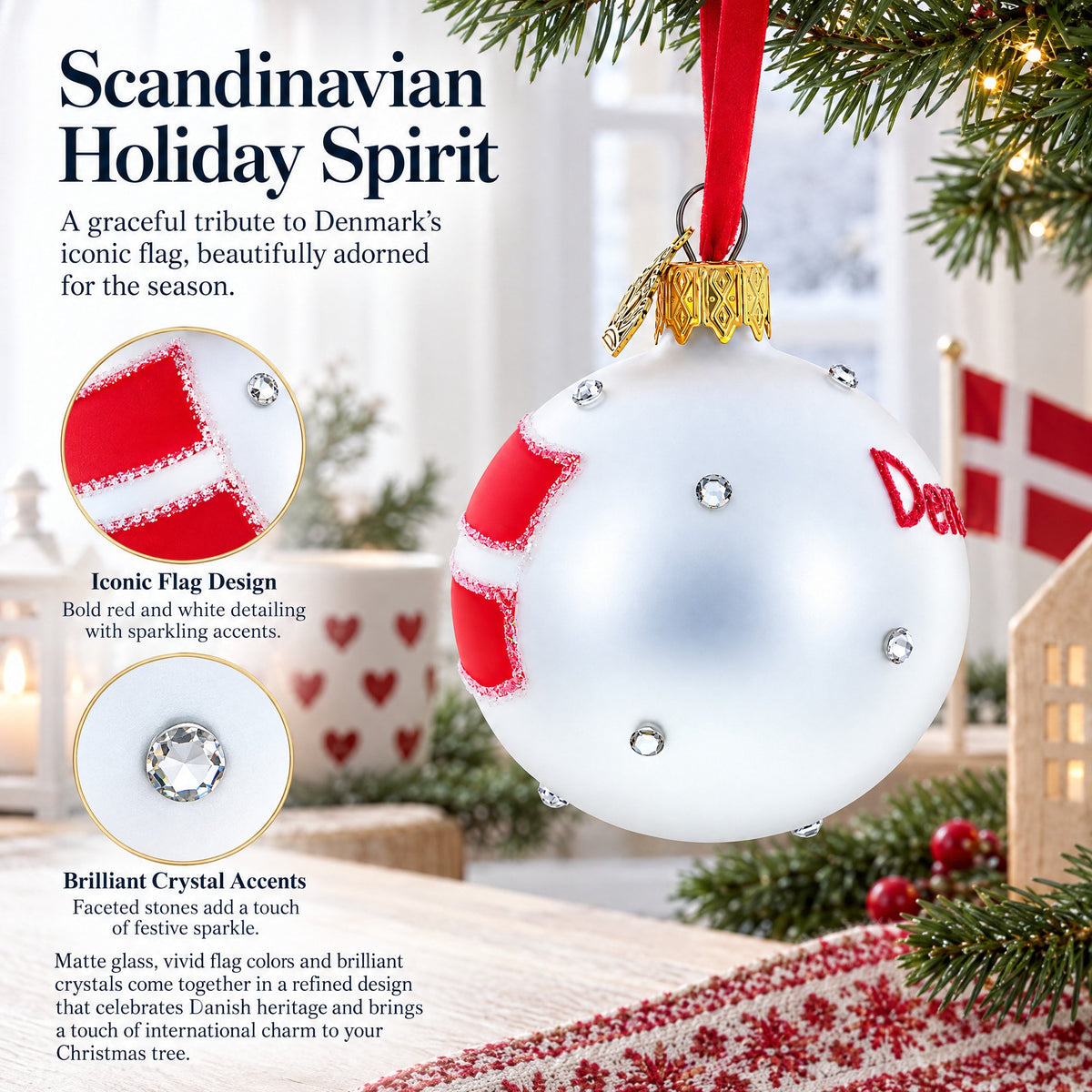 Danish Flag with Crystal Accents Glass Ball Christmas Ornament