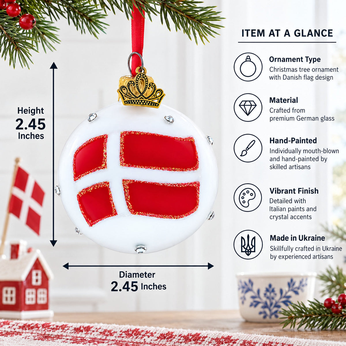Danish Flag with Crystal Accents Glass Ball Christmas Ornament