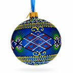 Blue Geometric Ukrainian Glass Ball Christmas Ornament 3.25 Inches