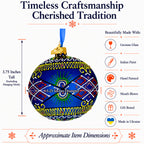 Blue Geometric Ukrainian Glass Ball Christmas Ornament 3.25 Inches