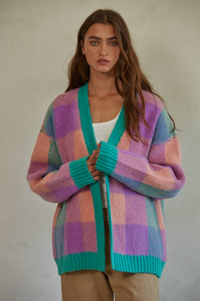 Knit Sweater Gingham Cardigan in Jade Multicolor [Sizes S - L]