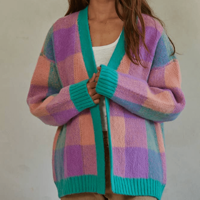 Knit Sweater Gingham Cardigan in Jade Multicolor [Sizes S - L]