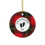 Korean customizable My First Christmas Ornament with baby feet graphic, Ceramic Round, snowflake, star, or heart shape with Plaid red tartan Home Decor La Vie Bien Korean customizable My First Christmas Ornament with baby feet graphic, Ceramic Round, snowflake, star, or heart shape with Plaid red tartan