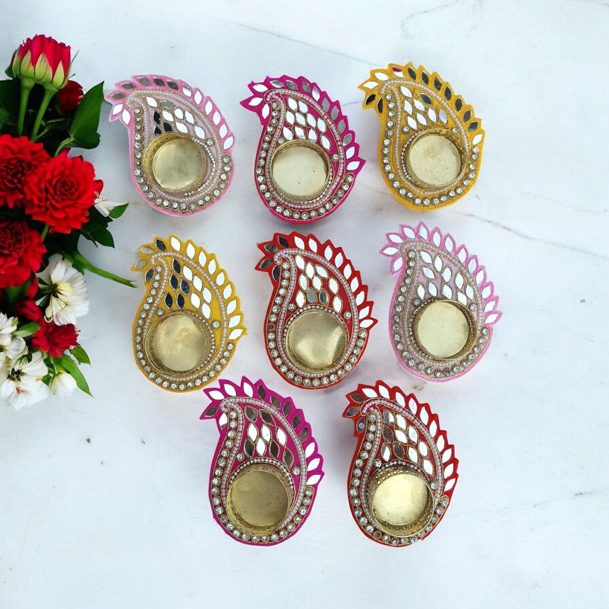 Koyari Shaped T-Light Holder with Mirrorwork - Set of 3 La Vie Bien Koyari Shaped T-Light Holder with Mirrorwork - Set of 3