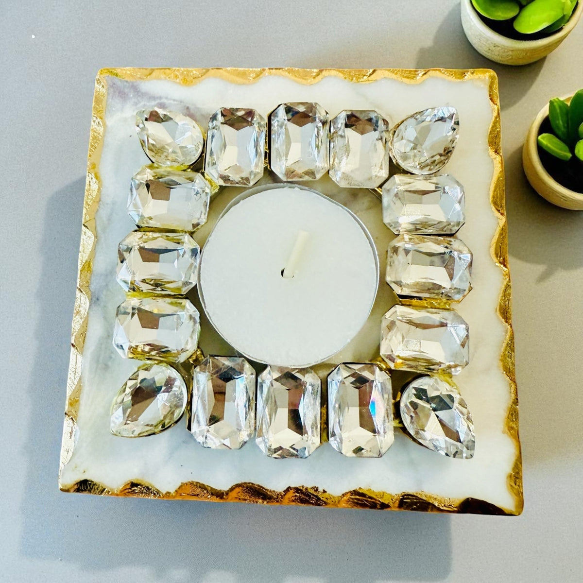 Kundan T Light Holder with Box Base Marble - Housewarming/Host Gift /Diwali Gift La Vie Bien Kundan T Light Holder with Box Base Marble - Housewarming/Host Gift /Diwali Gift