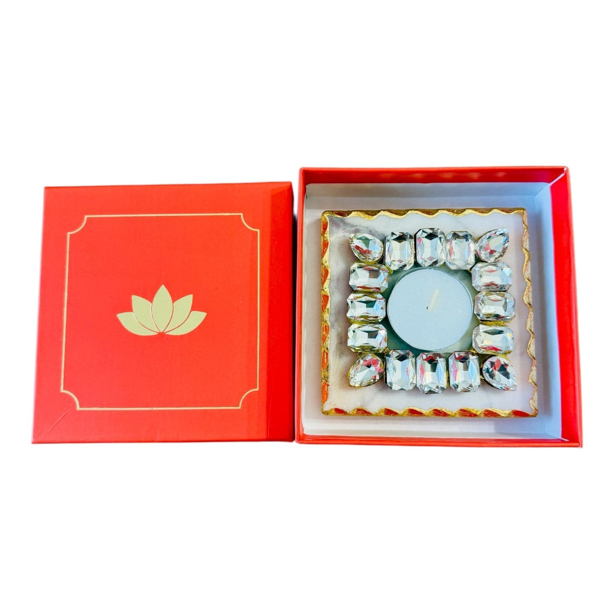 Kundan T Light Holder with Box Base Marble - Housewarming/Host Gift /Diwali Gift La Vie Bien Kundan T Light Holder with Box Base Marble - Housewarming/Host Gift /Diwali Gift
