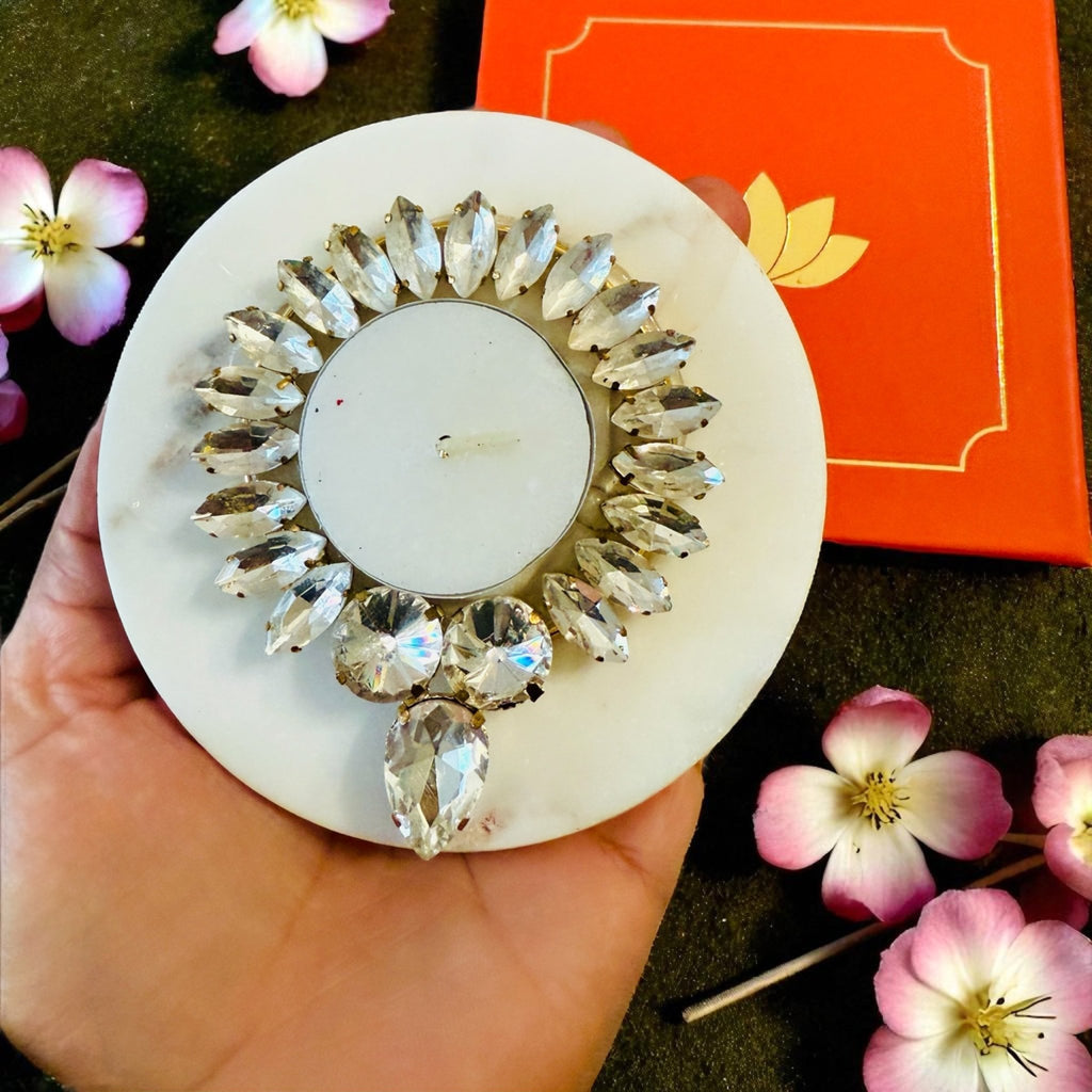 Kundan T Light Holder with Box Base Marble - Housewarming/Host Gift /Diwali Gift La Vie Bien Kundan T Light Holder with Box Base Marble - Housewarming/Host Gift /Diwali Gift