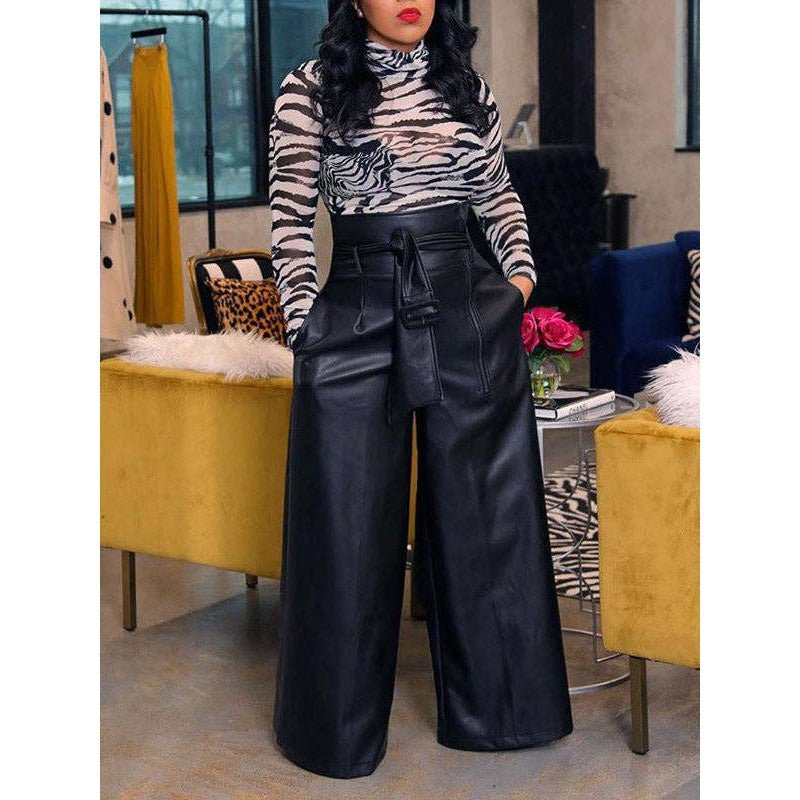 L - 2X Faux Leather High Waisted Wide Leg Belted Solid Color Zipper Pants Trousers in Black