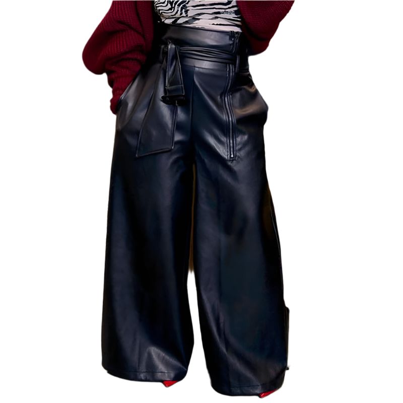 L - 2X Faux Leather High Waisted Wide Leg Belted Solid Color Zipper Pants Trousers in Black