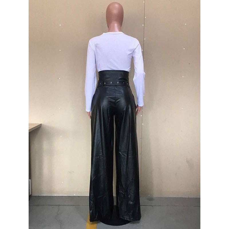 L - 2X Faux Leather High Waisted Wide Leg Belted Solid Color Zipper Pants Trousers in Black