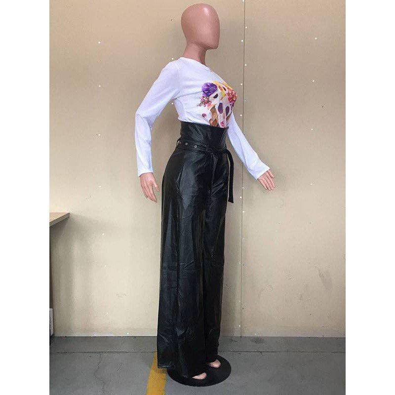 L - 2X Faux Leather High Waisted Wide Leg Belted Solid Color Zipper Pants Trousers in Black