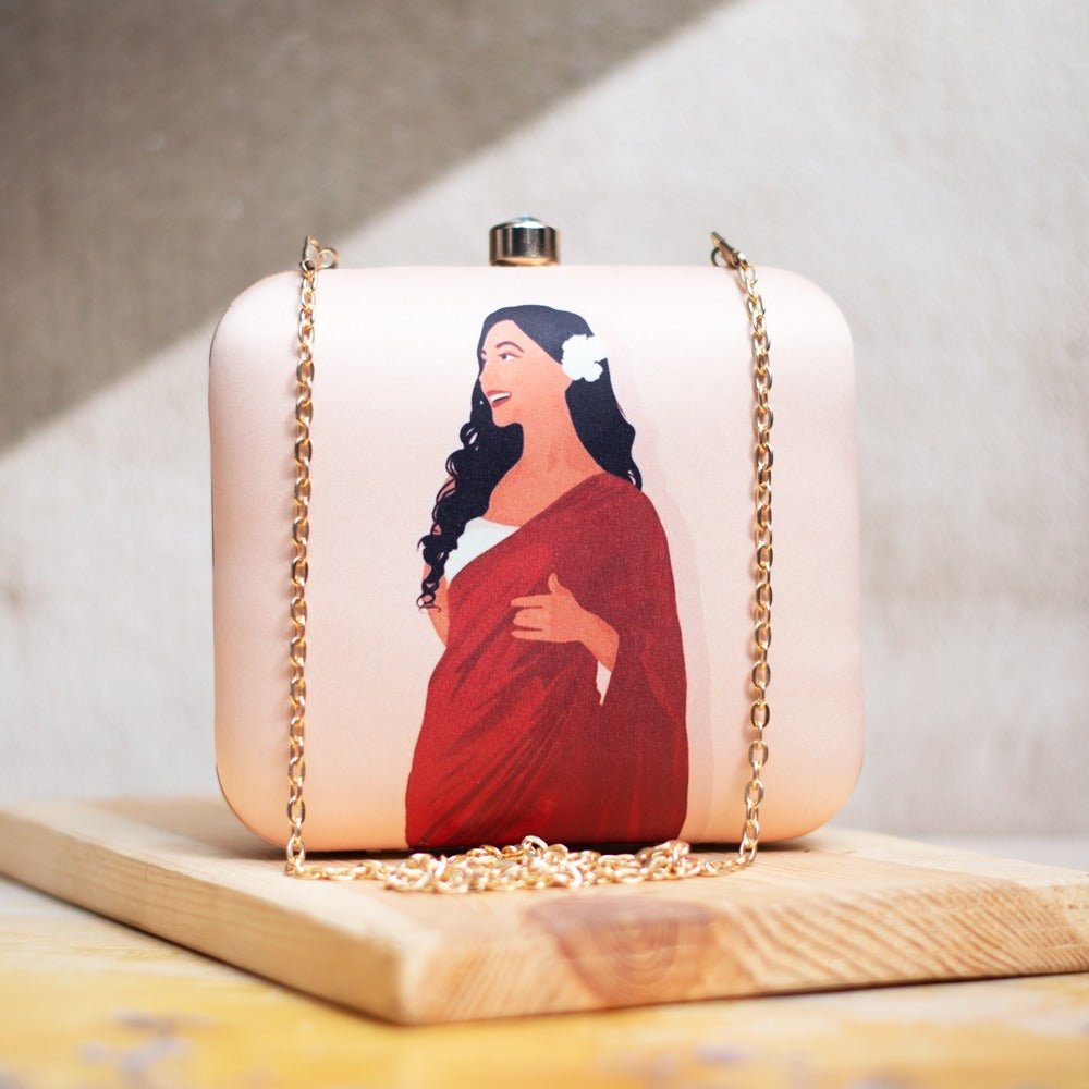 Lady in Red Sari with Flower in Long Hair Portrait Clutch Clutch La Vie Bien Lady in Red Sari with Flower in Long Hair Portrait Clutch