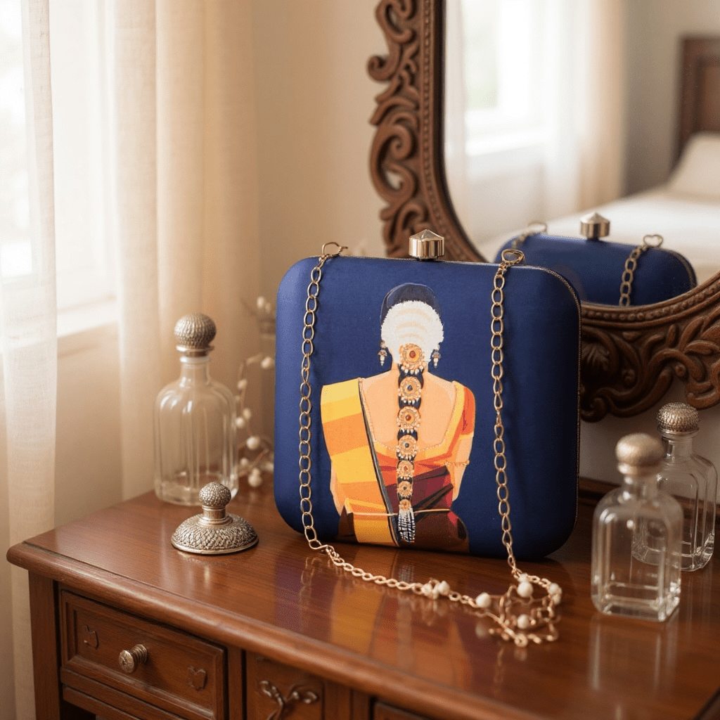 Lady in Saree with Traditional Hairdo Printed Clutch Clutch La Vie Bien Lady in Saree with Traditional Hairdo Printed Clutch