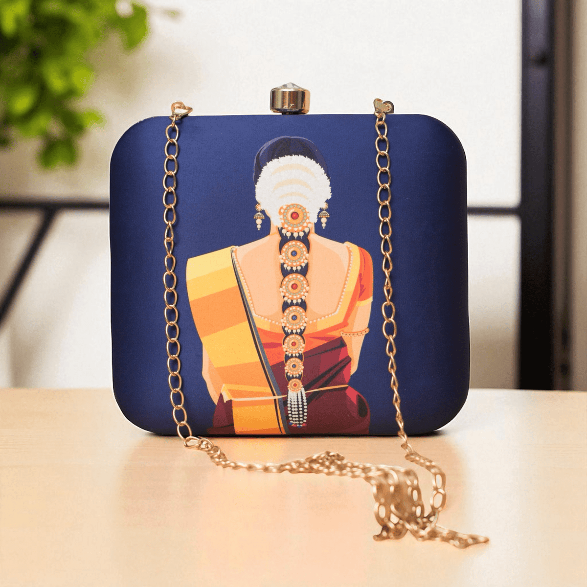 Lady in Saree with Traditional Hairdo Printed Clutch Clutch La Vie Bien Lady in Saree with Traditional Hairdo Printed Clutch