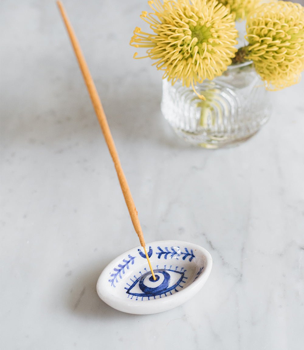Lalita Evil Eye Incense Holder - Hand Painted Blue & White HME stock line La Vie Bien Lalita Evil Eye Incense Holder - Hand Painted Blue & White