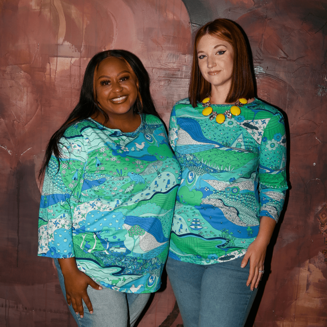 Landscape Print 3/4 Sleeve Tee in Cool Tones Allover print tee La Vie Bien Landscape Print 3/4 Sleeve Tee in Cool Tones