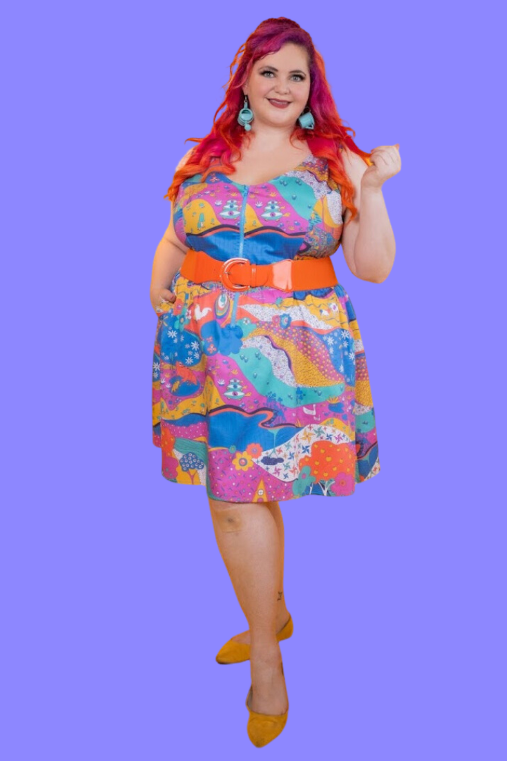 Landscape Print Fit & Flare Midi Dress in Periwinkle Knee length dress La Vie Bien Landscape Print Fit & Flare Midi Dress in Periwinkle