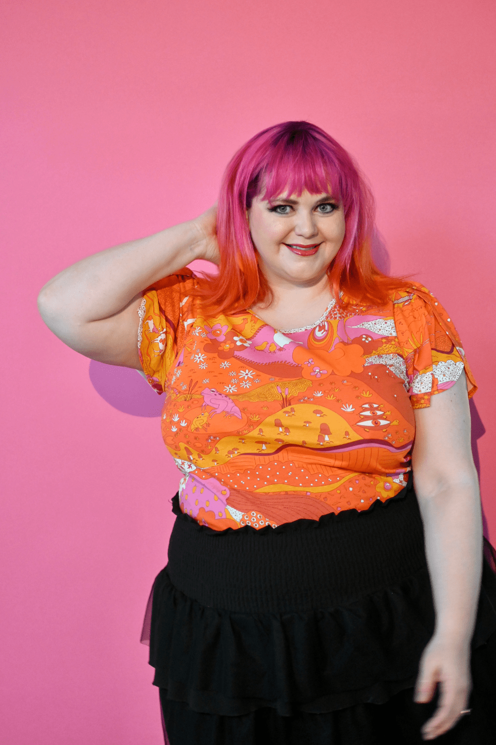 Landscape Tulip Sleeve Tee in Warm Tones Allover print tee La Vie Bien Landscape Tulip Sleeve Tee in Warm Tones
