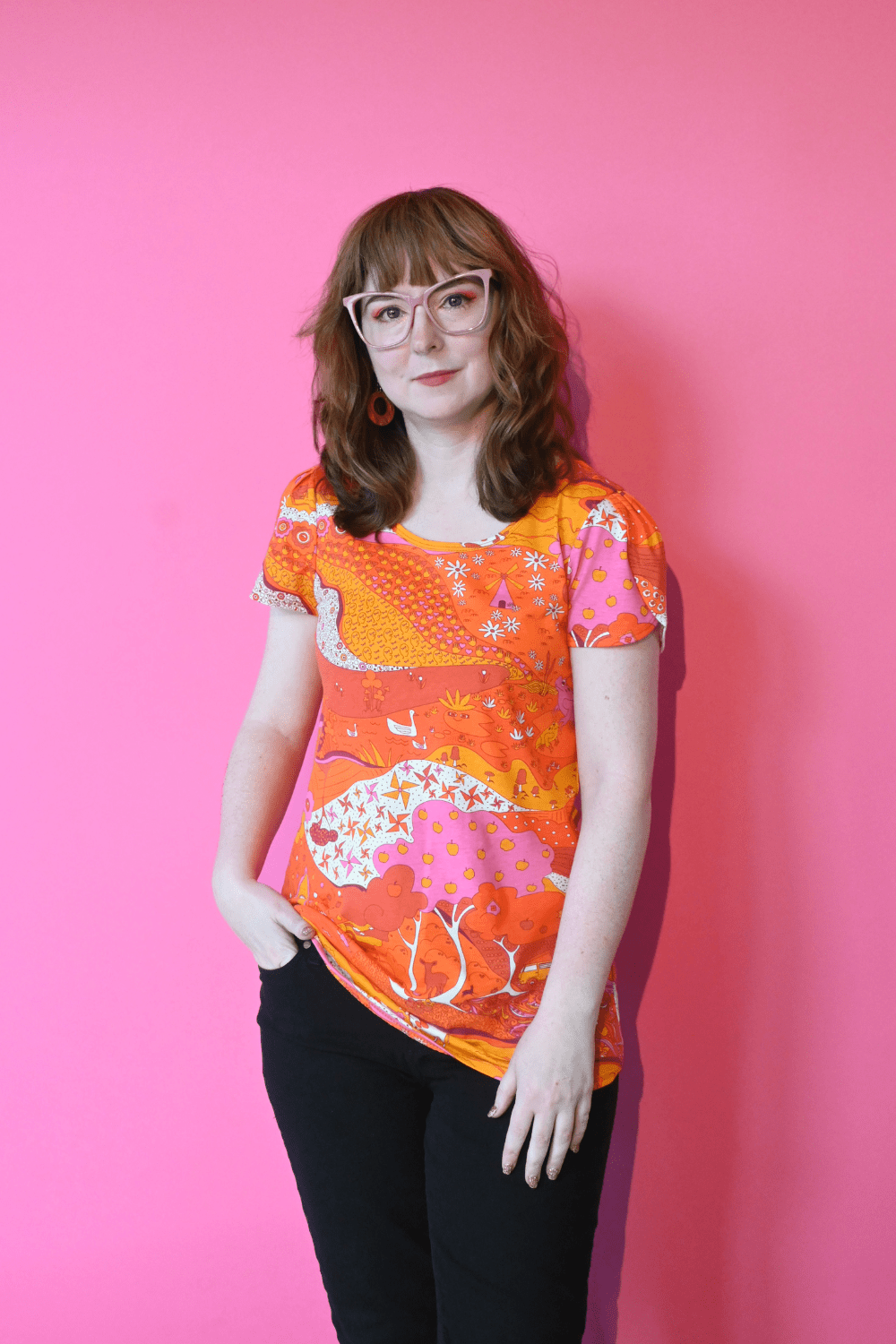 Landscape Tulip Sleeve Tee in Warm Tones Allover print tee La Vie Bien Landscape Tulip Sleeve Tee in Warm Tones