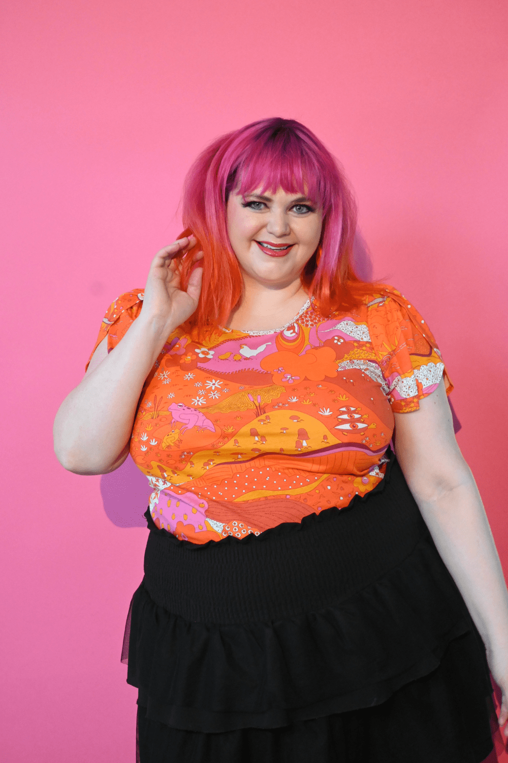 Landscape Tulip Sleeve Tee in Warm Tones Allover print tee La Vie Bien Landscape Tulip Sleeve Tee in Warm Tones