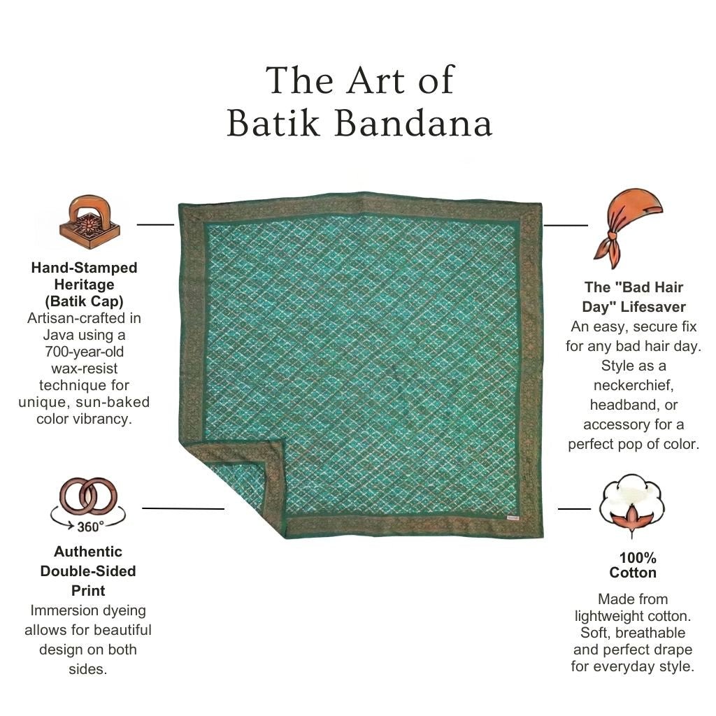 Large 39" Hand Dyed Batik Bandana, 100% Soft Cotton, Leaf Grid Bandanas La Vie Bien Large 39" Hand Dyed Batik Bandana, 100% Soft Cotton, Leaf Grid