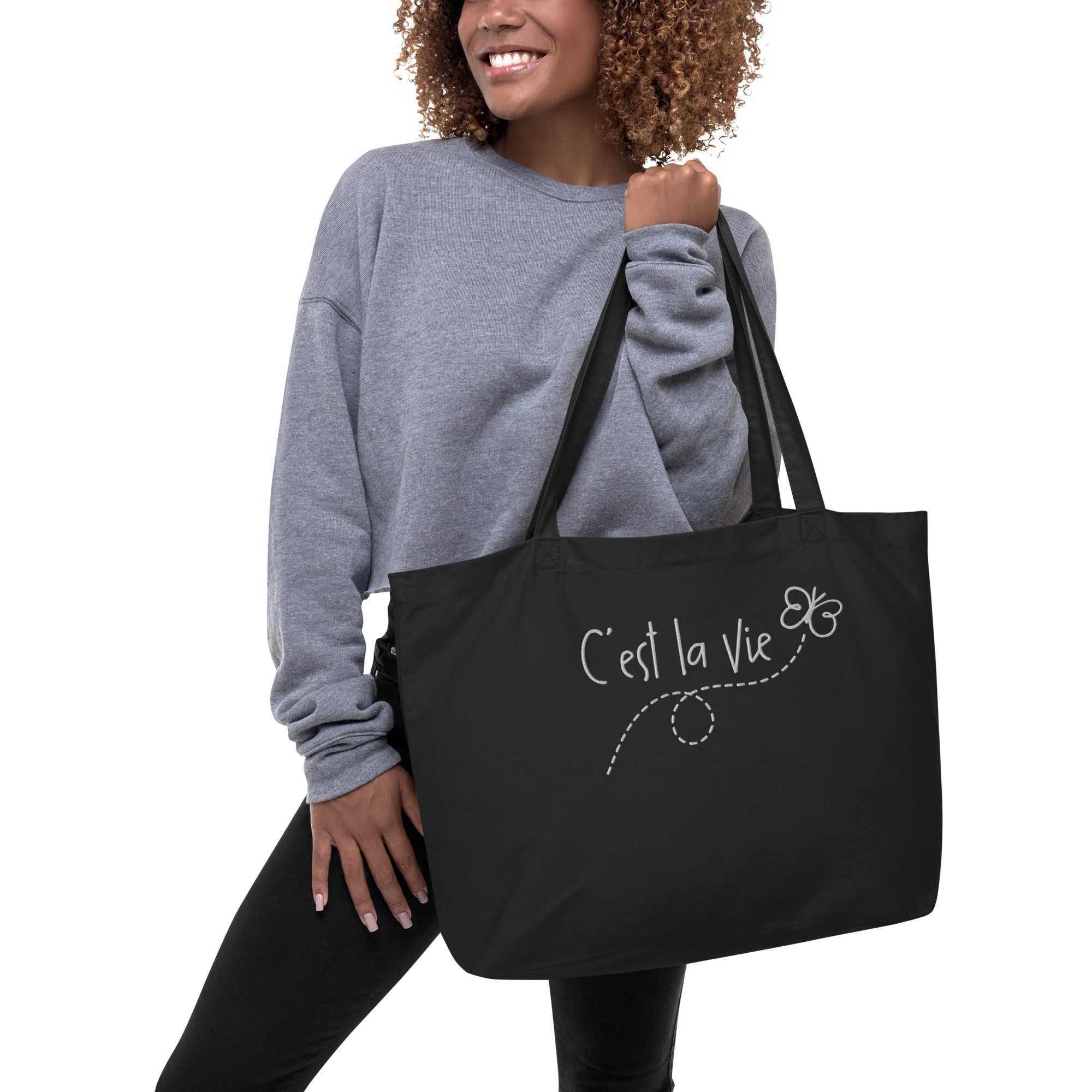 C'est la Vie embroidered Large organic tote bag