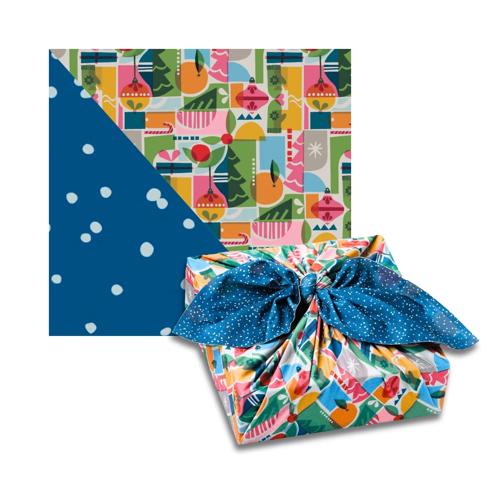 Large Reusable Cloth Furoshiki Gift Wrap | Holiday Shapes & Snow by Shiki Wrap