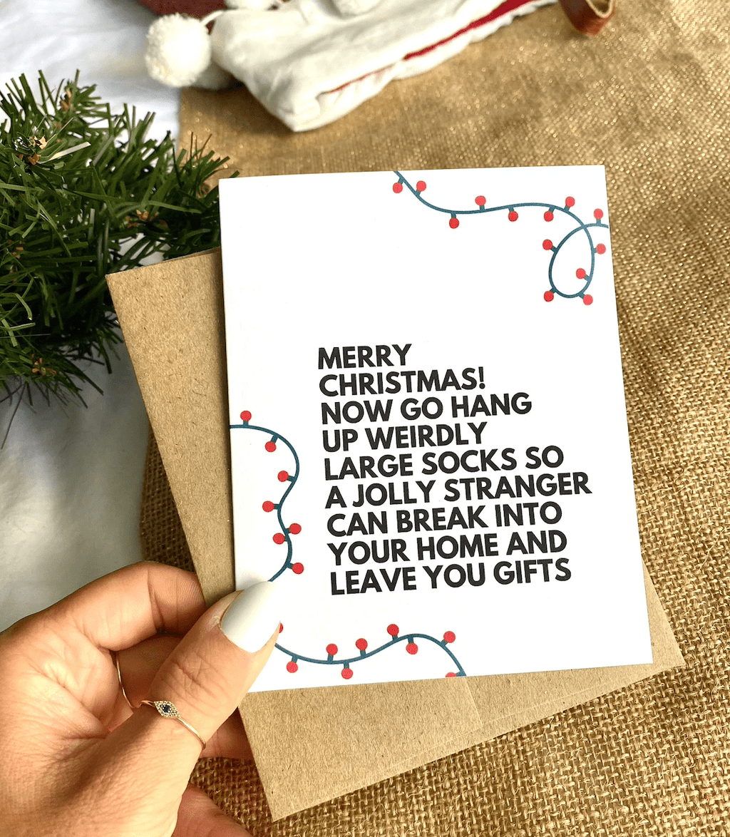 Large Socks and Jolly Stranger Funny Christmas Card by Five Dot Post
