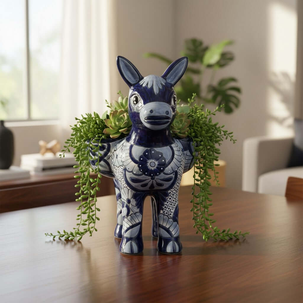 Large Talavera Donkey Planter | Blue and White Ceramic Burro Pot Talavera Planter La Vie Bien Large Talavera Donkey Planter | Blue and White Ceramic Burro Pot