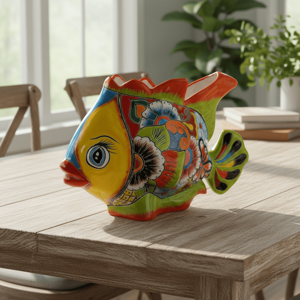 Large Talavera Fish Planter | Hand - Painted Mexican Statue Pottery Talavera Planter La Vie Bien Large Talavera Fish Planter | Hand - Painted Mexican Statue Pottery