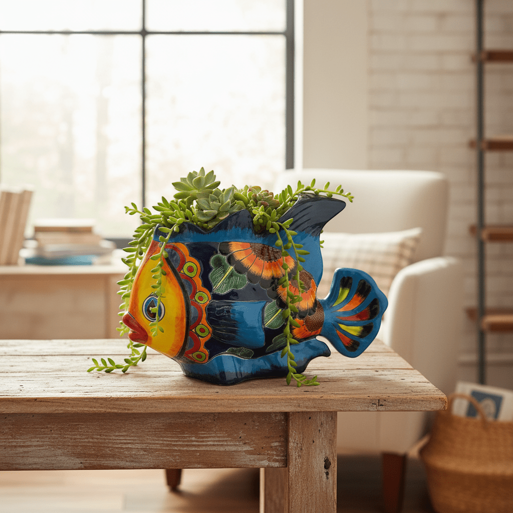 Large Talavera Fish Planter | Hand - Painted Mexican Statue Pottery Talavera Planter La Vie Bien Large Talavera Fish Planter | Hand - Painted Mexican Statue Pottery