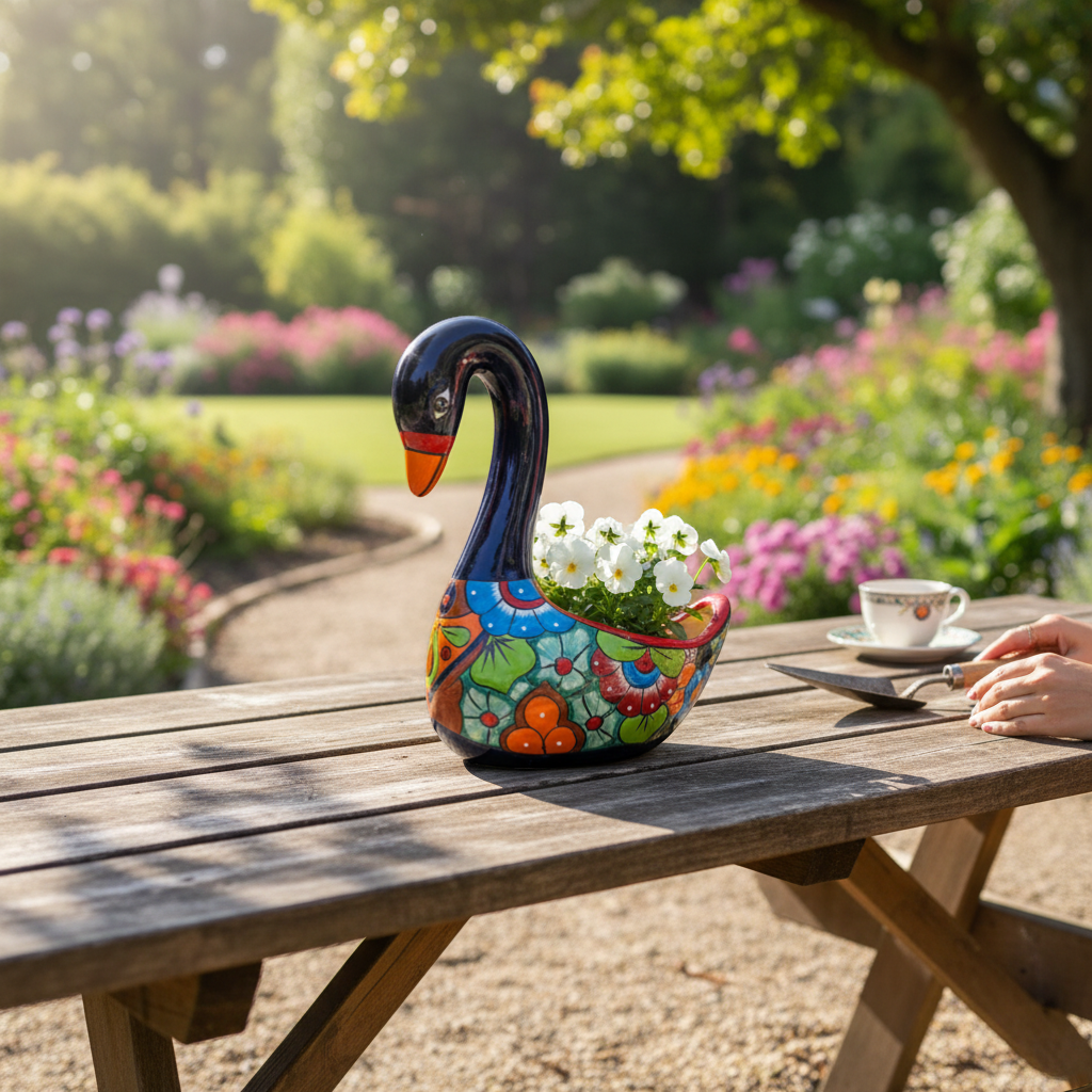 Large Talavera Swan Planter | Colorful Hand - Painted Mexican Pottery Talavera Planter La Vie Bien Large Talavera Swan Planter | Colorful Hand - Painted Mexican Pottery
