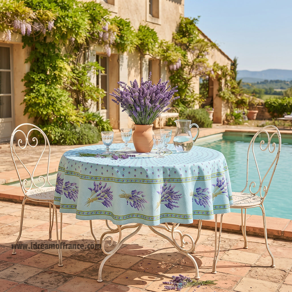 French Provencal tablecloth - Acrylic coated cotton, Spill-proof - 70" Round - Lavender blue | Le Cluny