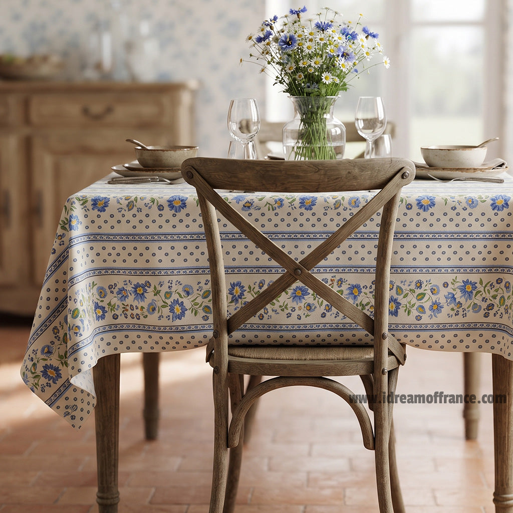 French Provencal tablecloth - Acrylic coated cotton, Spill-proof - 58" square - Fayence blue & cream | Le Cluny
