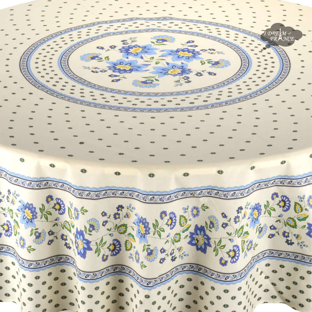 French Provencal tablecloth - Acrylic coated cotton, Spill-proof - 70" Round - Fayence blue & cream | Le Cluny