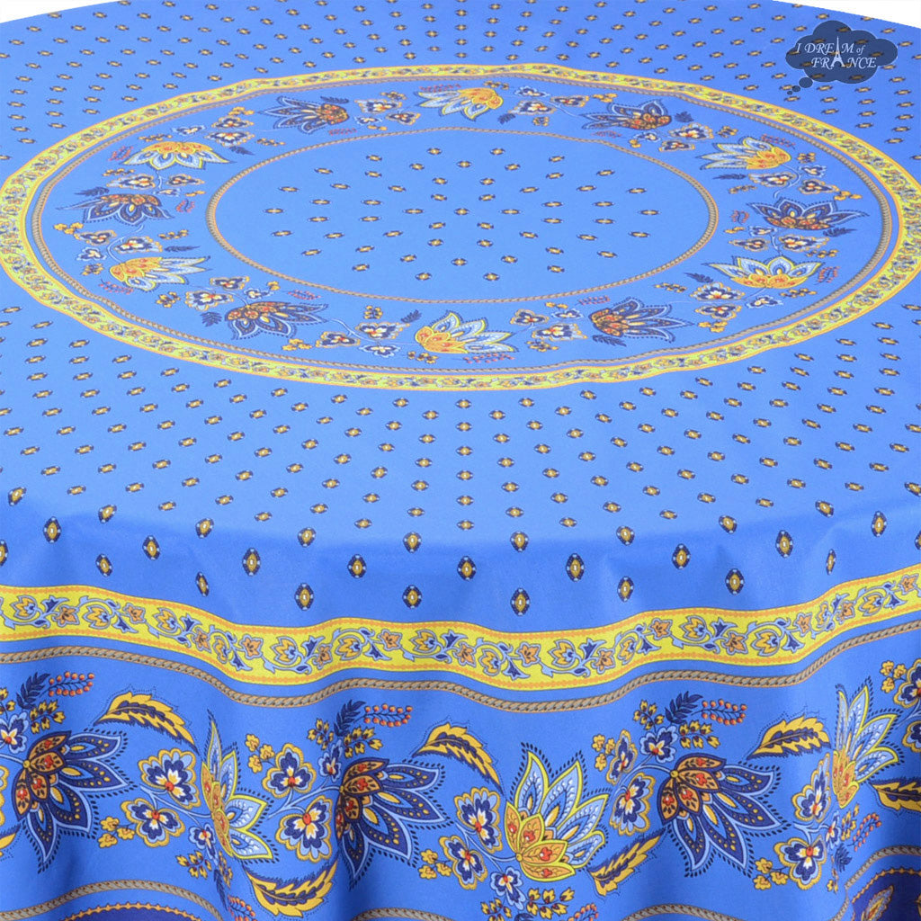 French Provencal tablecloth - Acrylic coated cotton, Spill-proof - 70" Round - Lisa blue | Le Cluny