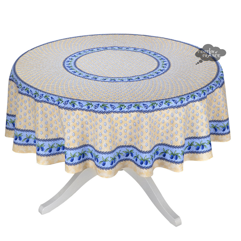 French Provencal tablecloth - Acrylic coated cotton, Spill-proof - 70" Round - Monaco beige & blue | Le Cluny