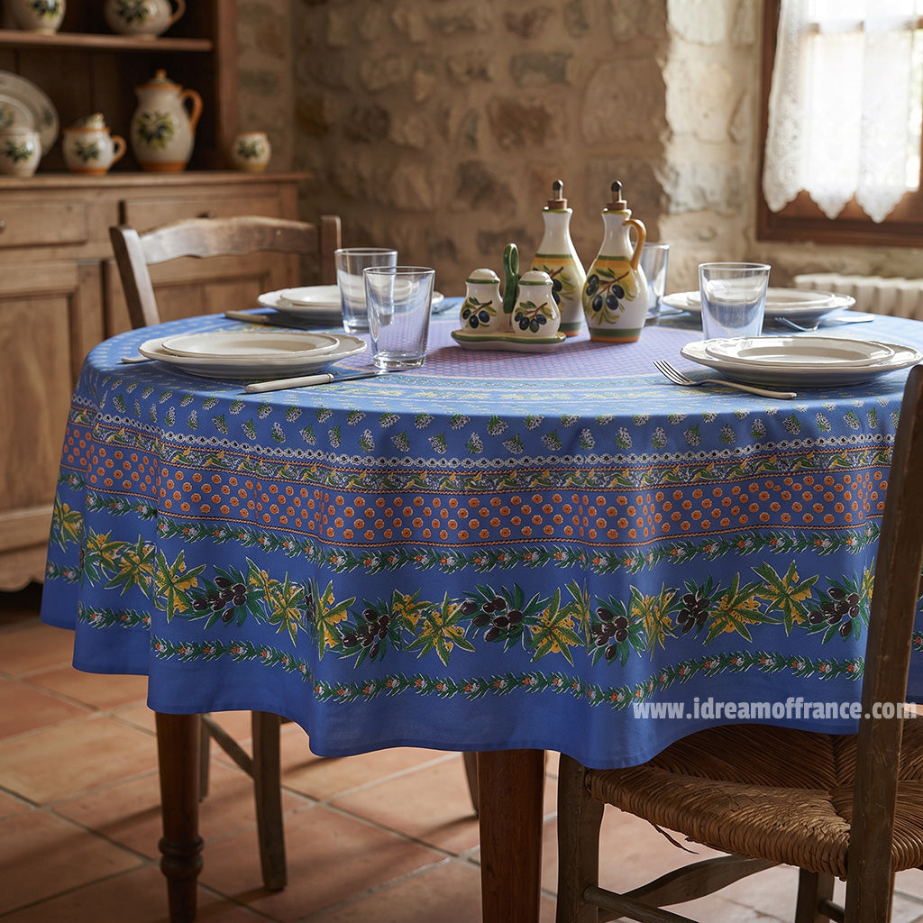 French Provencal tablecloth - Acrylic coated cotton, Spill-proof - 70" Round - Olives blue | Le Cluny