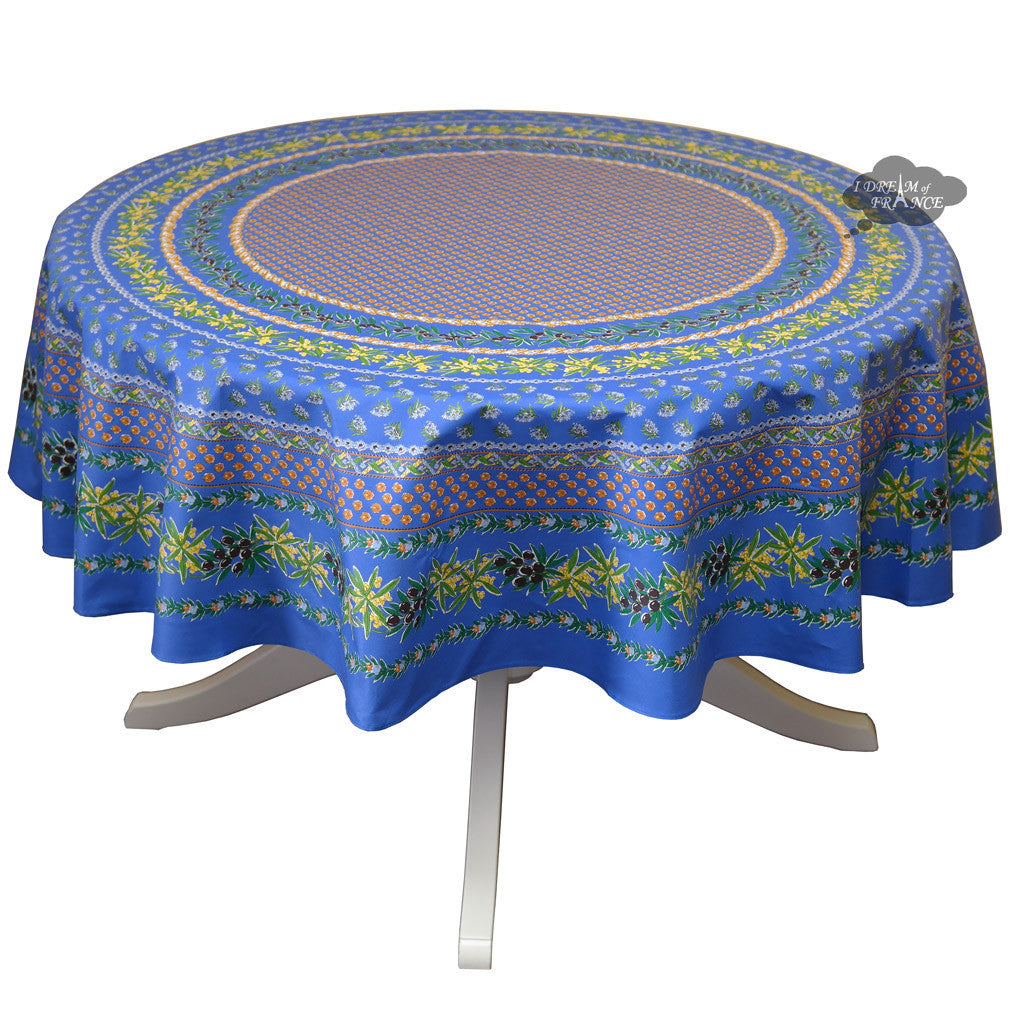 French Provencal tablecloth - Acrylic coated cotton, Spill-proof - 70" Round - Olives blue | Le Cluny