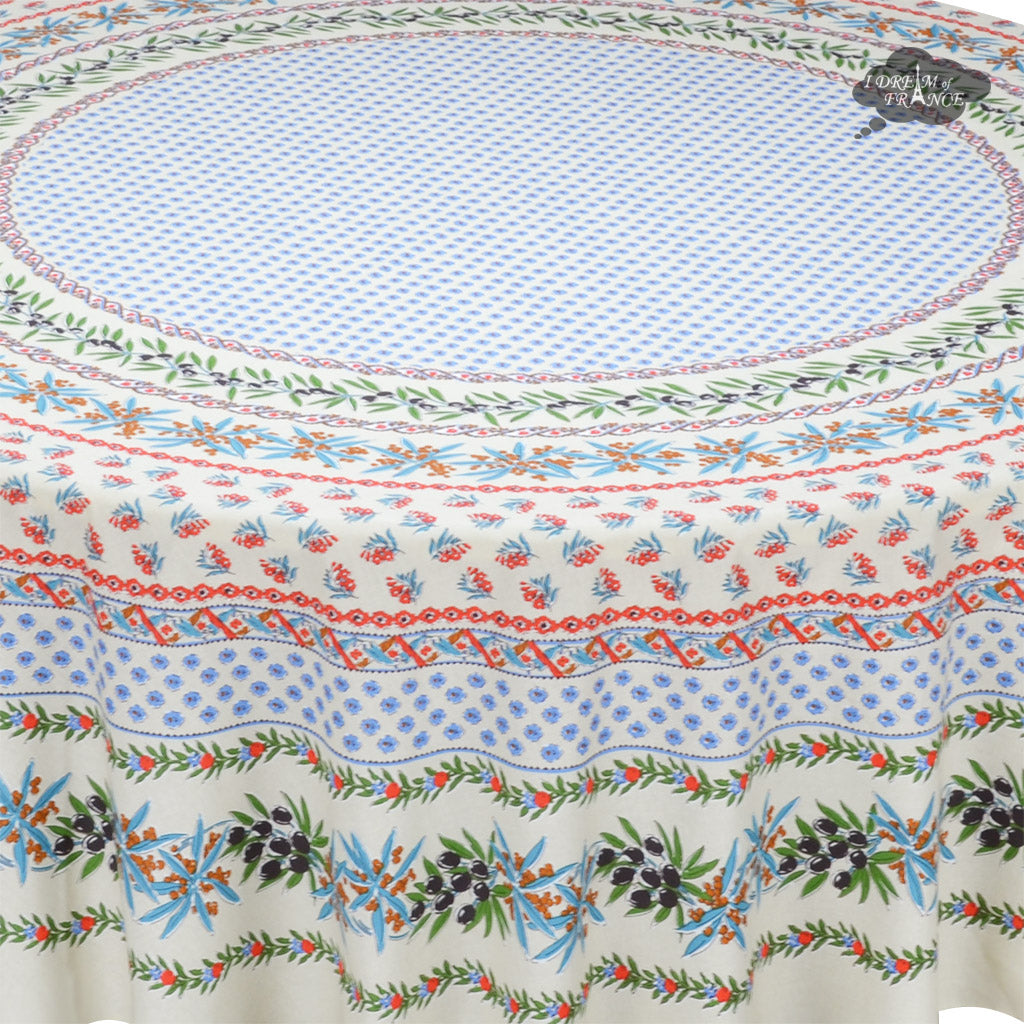 French Provencal tablecloth - Acrylic coated cotton, Spill-proof - 70" Round - Olives cream | Le Cluny