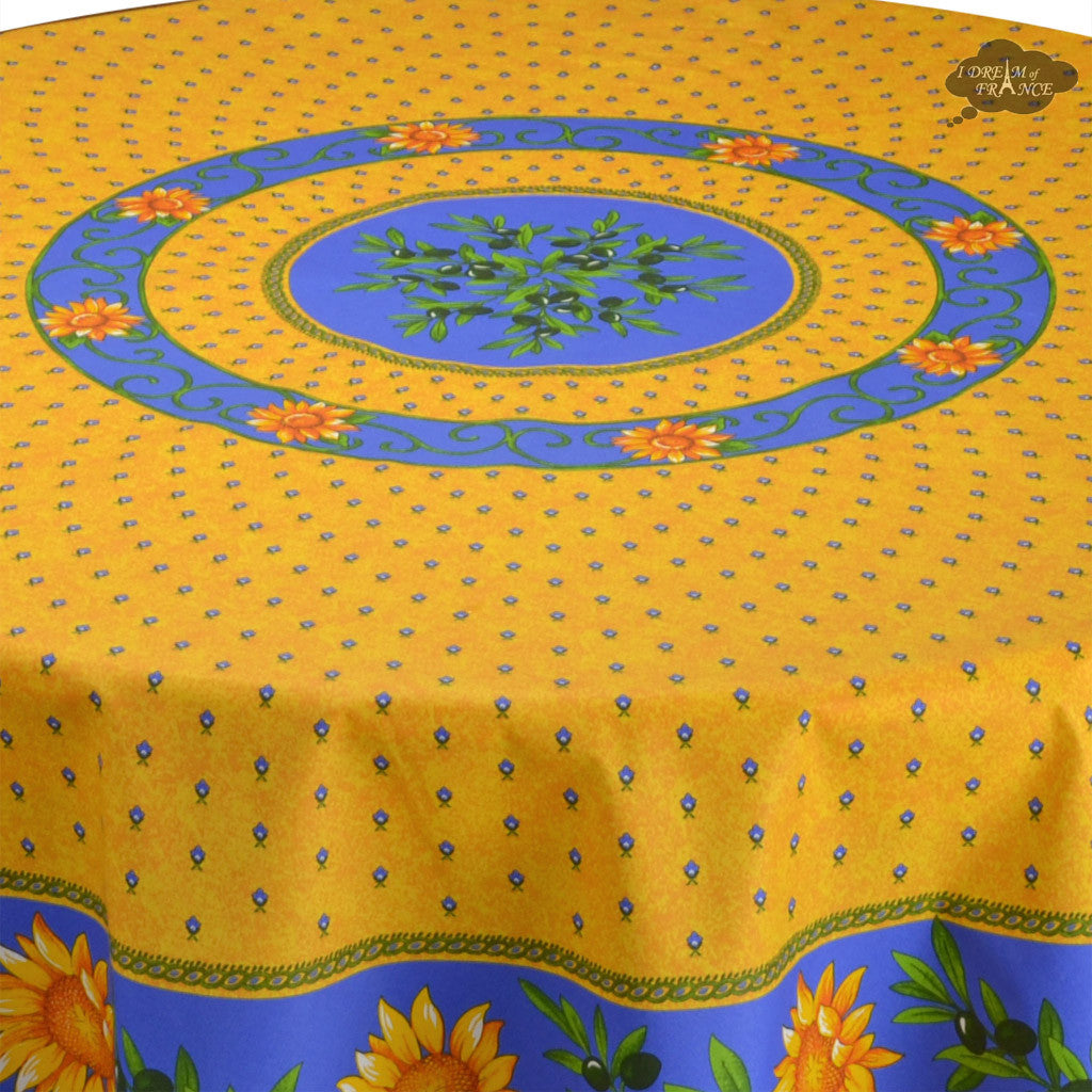 French Provencal tablecloth - Acrylic coated cotton, Spill-proof - 70" Round - Sunflower blue | Le Cluny