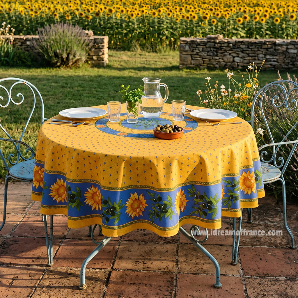 French Provencal tablecloth - Acrylic coated cotton, Spill-proof - 70" Round - Sunflower blue | Le Cluny