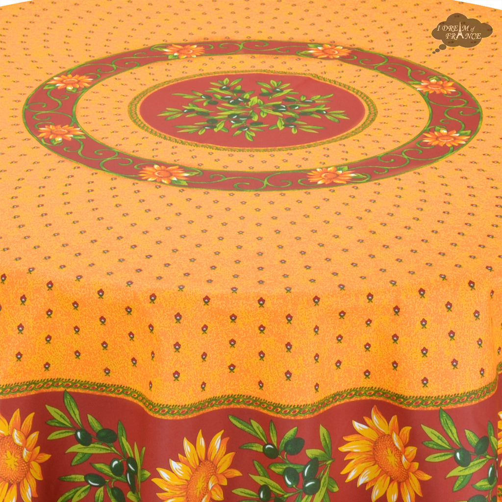 French Provencal tablecloth - Acrylic coated cotton, Spill-proof - 68" Round - Sunflower red | Le Cluny