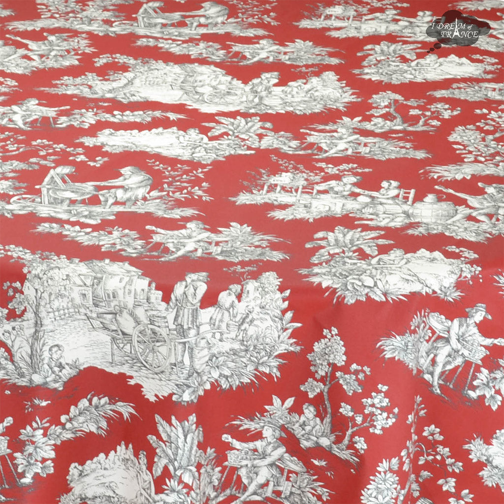 French Toile tablecloth - Acrylic coated cotton, Spill-proof - 70" Round - Villandry red | Le Cluny