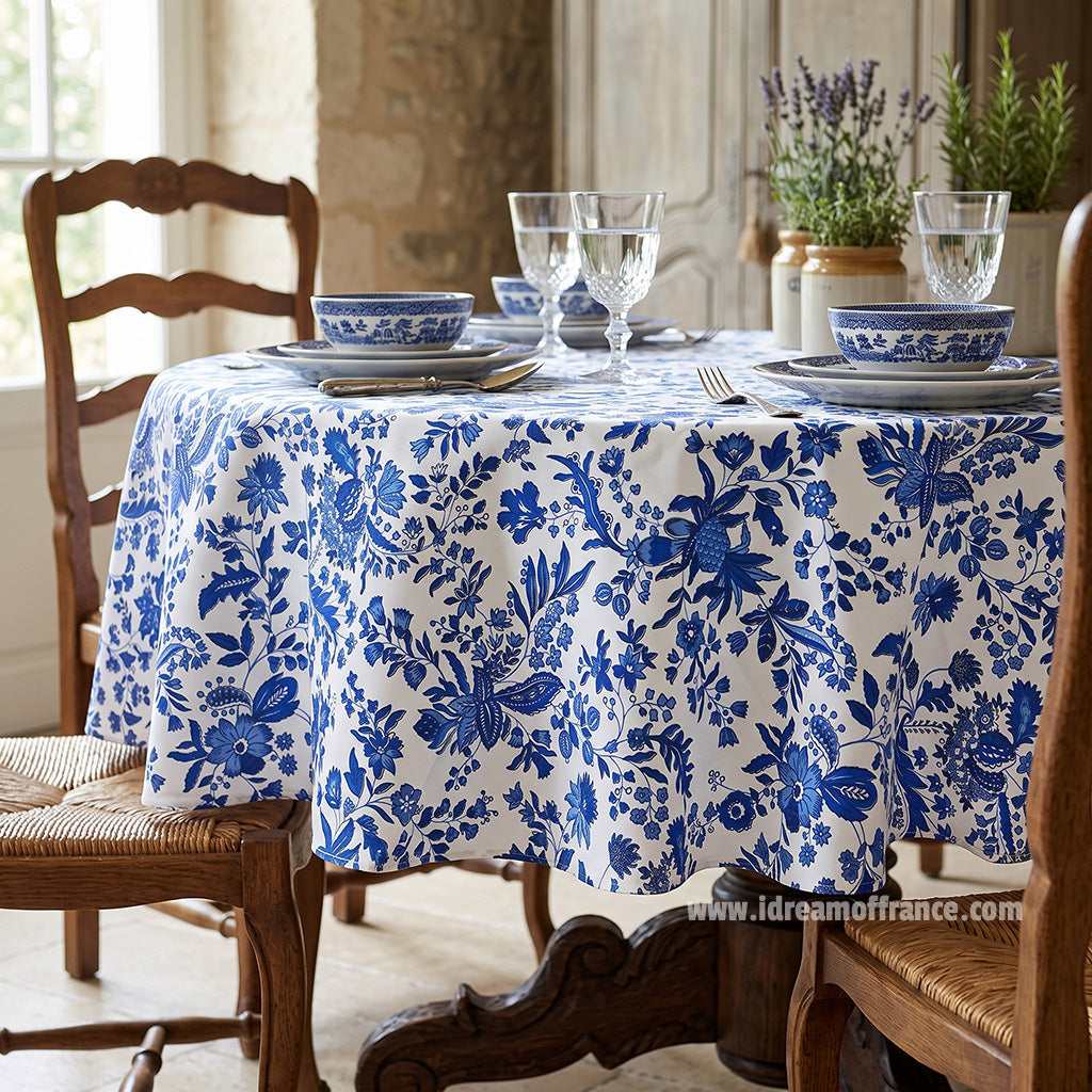 French tablecloth - Cotton, natural or acrylic-coated  - 70" Round - Versailles blue | Le Cluny