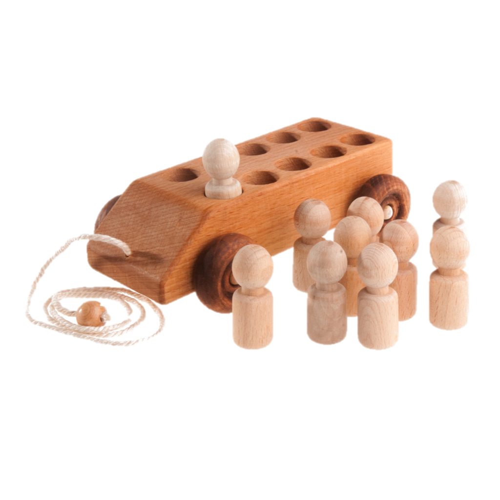 Pull Along Car with ten Wooden Peg Passengers