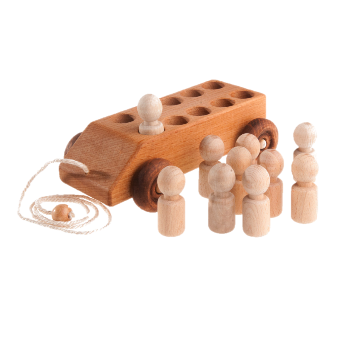 Pull Along Car with ten Wooden Peg Passengers