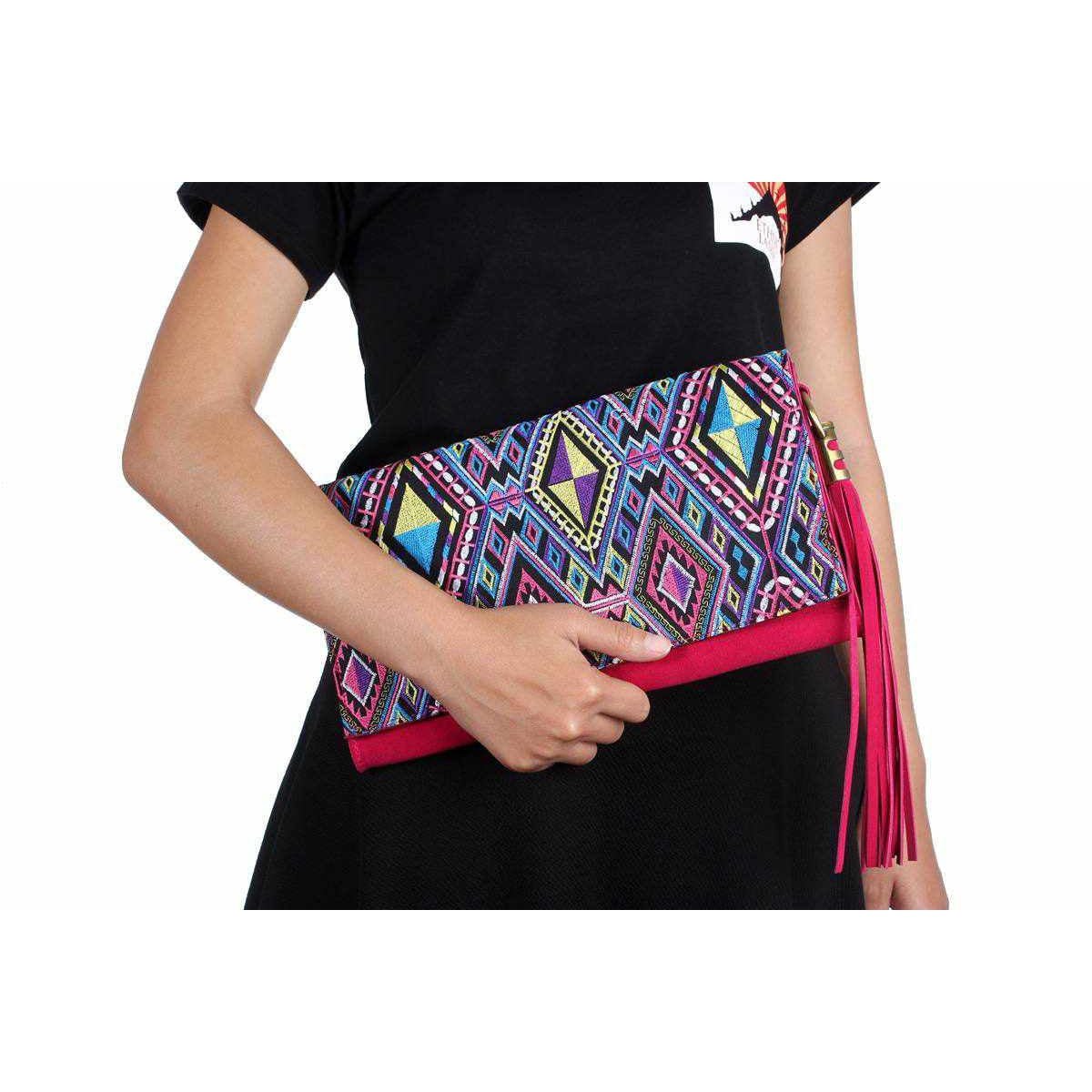 Leather Clutch with Geometric Embroidery Bag - Thailand Bags La Vie Bien Leather Clutch with Geometric Embroidery Bag - Thailand